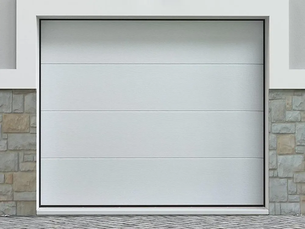 Vente-unique Porte De Garage Sectionnelle<Porte de garage sectionnelle effet bois blanc motorisée L254 x H218 cm - PRIETA