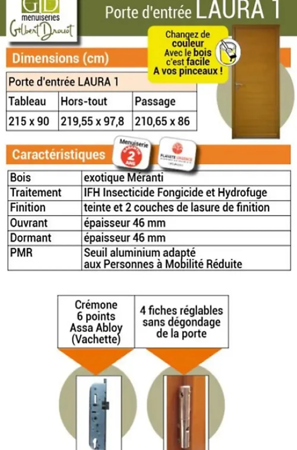 Gd Menuiseries Porte D'entrée Bois Pleine Laura, H.215xl.90 Côte Tableau P.droit- Porte D'Entrée