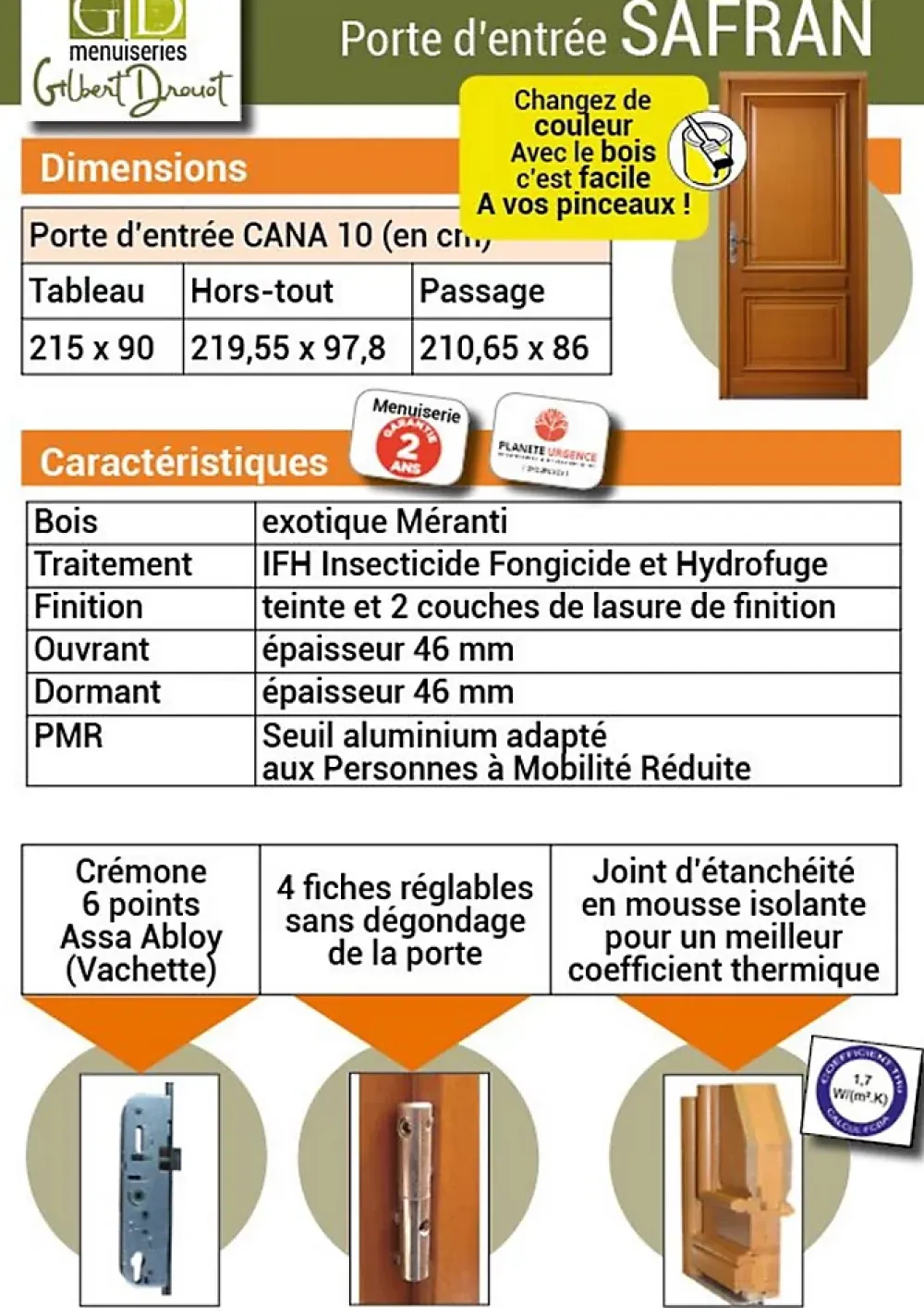 Gd Menuiseries Porte D'Entrée<Porte D'entrée Bois Pleine Safran, H.215xl.90 Côte Tableau P. Gauche