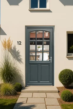 Gd Menuiseries Porte D'entrée Bois Vitrée Alexa Gris Ral7016, H.215xl.80 Côte Tableau P.gauche, Poignée, Barillet- Porte D'Entrée