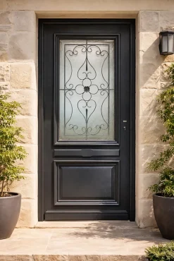 Gd Menuiseries Porte D'entrée Bois Vitrée Candice Ral 7016, H.215xl.90 Côte Tableau P. Gauche- Porte D'Entrée