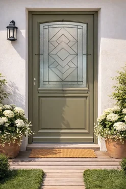 Gd Menuiseries Porte D'Entrée<Porte D'entrée Bois Vitrée Elsie, Vert Ral7002, H.215xl.90 Côte Tableau P.droit Poignée, Barillet