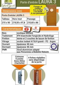 Gd Menuiseries Porte D'entrée Bois Vitrée Laura 3, H.215xl.90 Côte Tableau P. Gauche- Porte D'Entrée