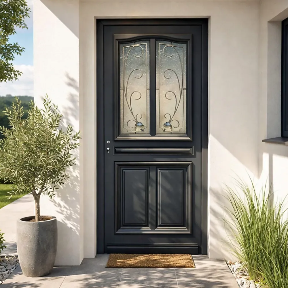 Gd Menuiseries Porte D'entrée Bois Vitrée Mathilde Ral 7016, H.215xl.90 P,droit Côte Tableau- Porte D'Entrée