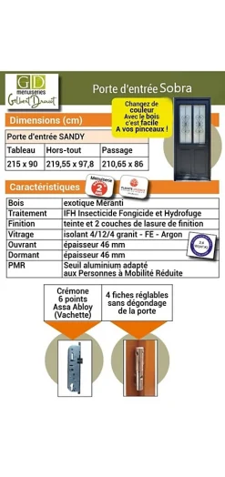 Gd Menuiseries Porte D'entrée Bois Vitrée Sobra, H.215xl.90 Côte Tableau P.droit Poignée, Barillet- Porte D'Entrée