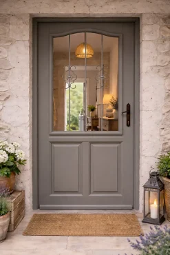Gd Menuiseries Porte D'entrée Bois Vitrée Santiago Gris Marron Ral7039, H.200 X L.90 Côte Tableau P,gauche, Poignee, Barillet- Porte D'Entrée