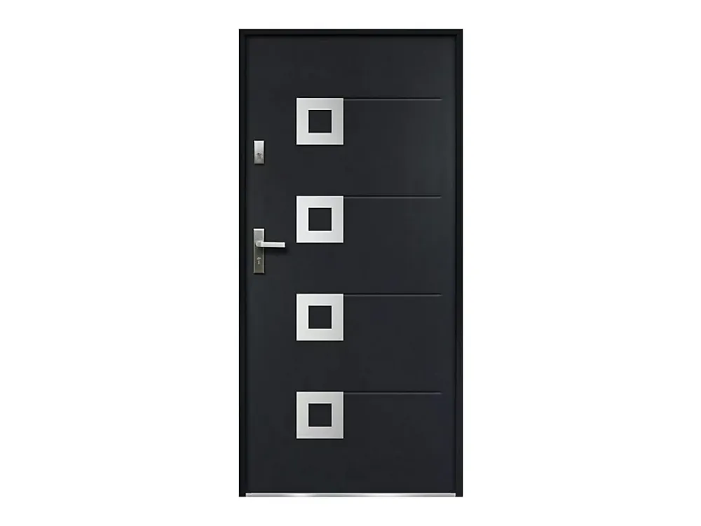 Vente-unique Porte d'entrée en acier avec inox H207 x L100 cm anthracite - épaisseur 55 mm - poussant droit - TIFANA- Porte D'Entrée
