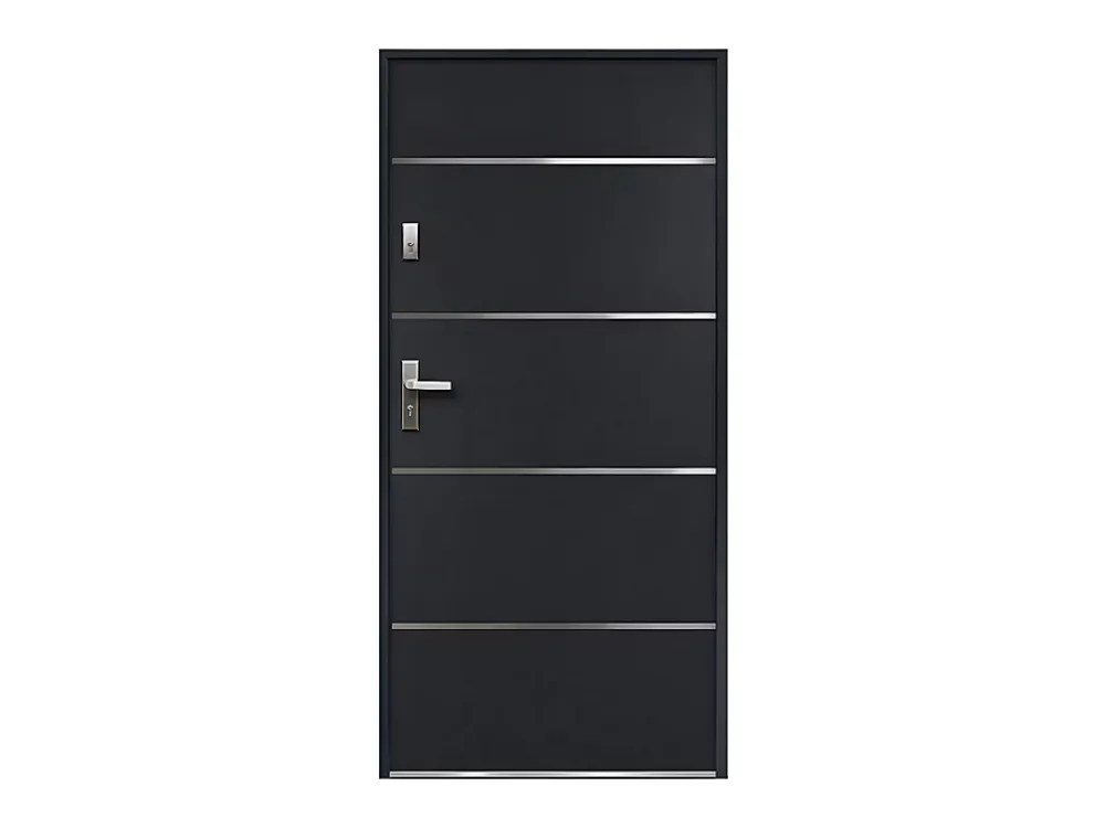 Vente-unique Porte d'entrée en acier pleine et inox H207 x L100 cm anthracite - épaisseur 55 mm - poussant droit - NAXARA- Porte D'Entrée