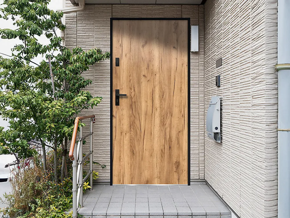 Vente-unique Porte d'entrée en acier pleine H207 x L100 cm effet chêne - épaisseur 55 mm - poussant droit - AGUEDA- Porte D'Entrée