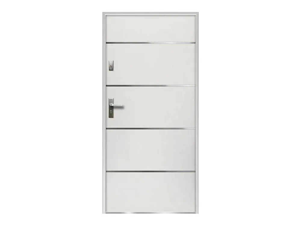 Vente-unique Porte d'entrée en acier pleine et inox H207 x L100 cm blanc - épaisseur 55 mm - poussant droit - NAXARA- Porte D'Entrée