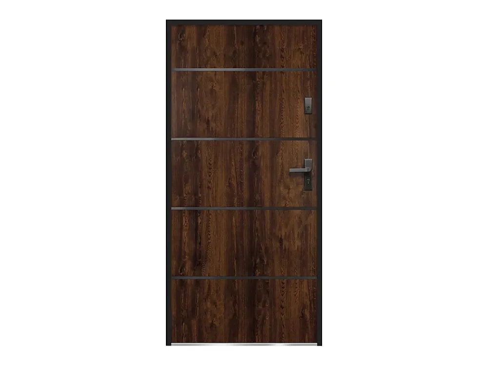 Vente-unique Porte d'entrée en acier pleine et inox H207 x L100 cm naturel foncé - épaisseur 55 mm - poussant gauche - NAXARA- Porte D'Entrée