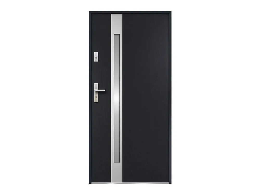 Vente-unique Porte D'Entrée<Porte d'entrée en acier vitrée avec inox H207 x L100 cm - verre dépoli - anthracite - épaisseur 55 mm - poussant droit - BRAGA