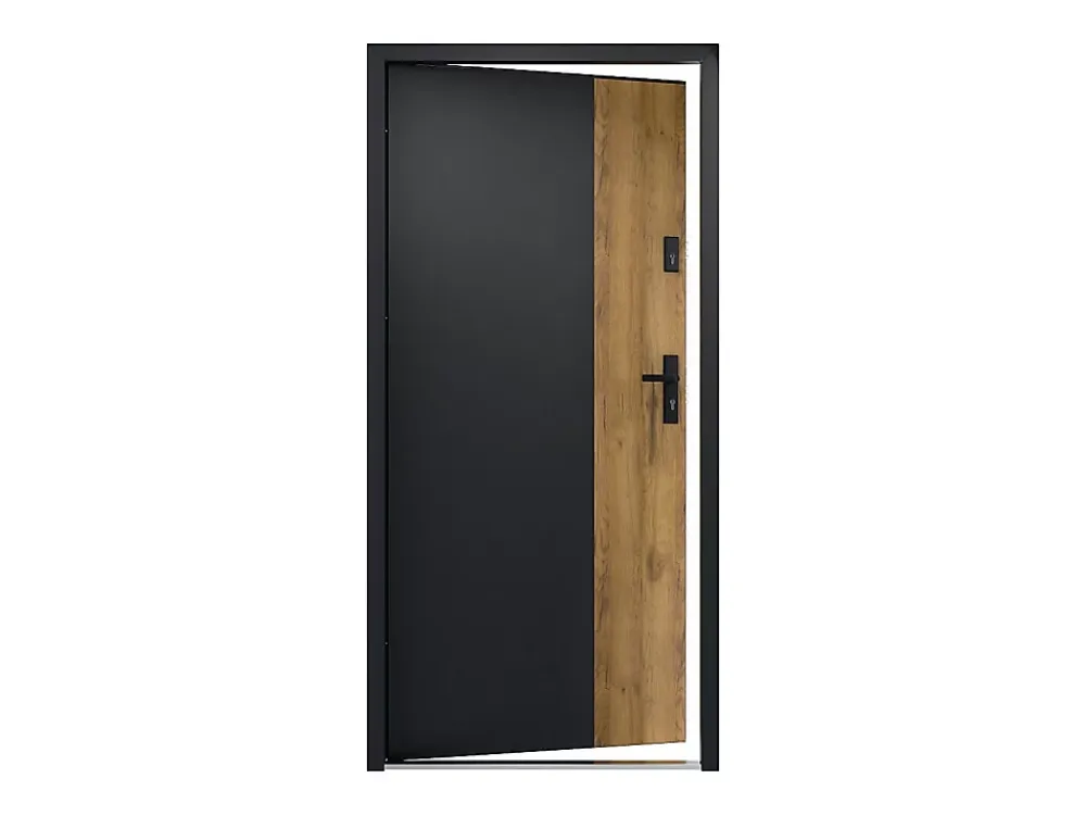 Vente-unique Porte D'Entrée<Porte d'entrée pleine en acier H207 x L100 cm - Noir et effet chêne - épaisseur 55 mm - poussant gauche - MABENA