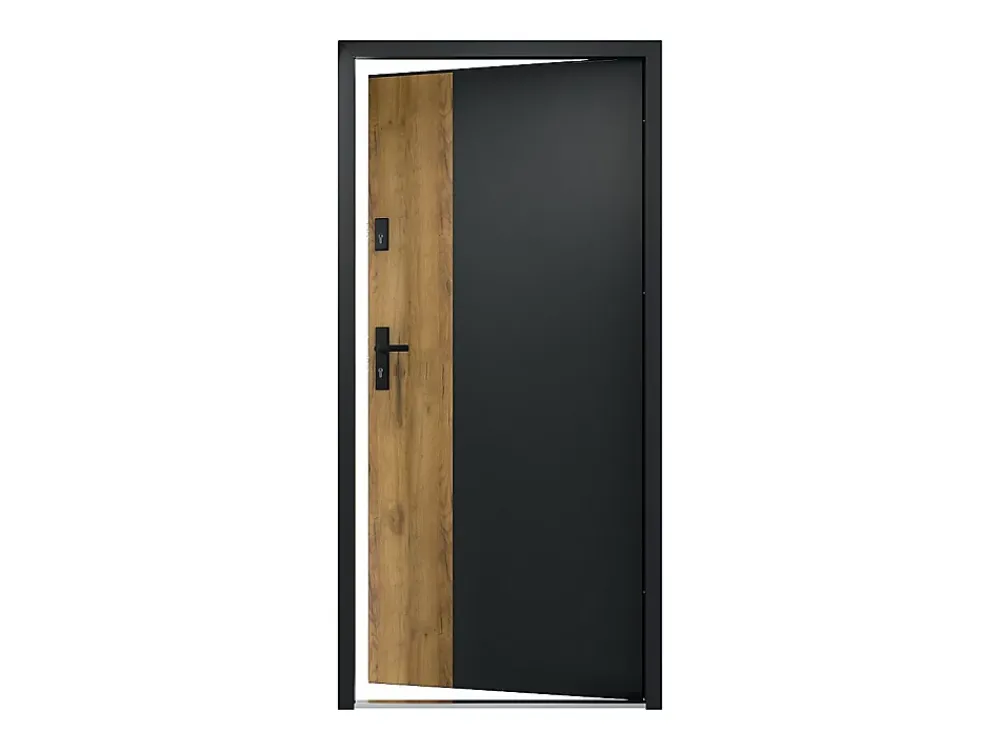 Vente-unique Porte d'entrée pleine en acier H207 x L100 cm - Noir et effet chêne - épaisseur 55 mm - poussant droit - MABENA- Porte D'Entrée