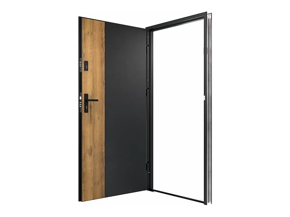 Vente-unique Porte d'entrée pleine en acier H207 x L100 cm - Noir et effet chêne - épaisseur 55 mm - poussant droit - MABENA- Porte D'Entrée