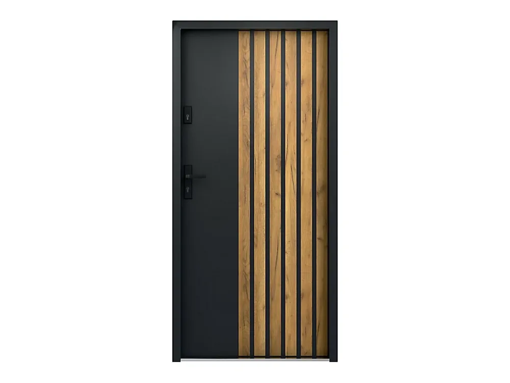 Vente-unique Porte d'entrée pleine en acier H207 x L100 cm - Noir avec rayures effet chêne - épaisseur 55 mm - poussant droit - COBRITA- Porte D'Entrée