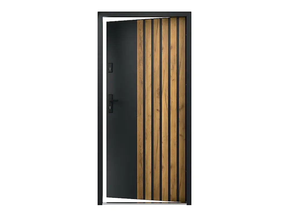 Vente-unique Porte d'entrée pleine en acier H207 x L100 cm - Noir avec rayures effet chêne - épaisseur 55 mm - poussant droit - COBRITA- Porte D'Entrée