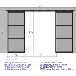 MySystem Porte double coulissante H 2088 x L 867 mm - 3 verres horizontaux - trempé 6 mm clair - blanc- Porte Coulissante