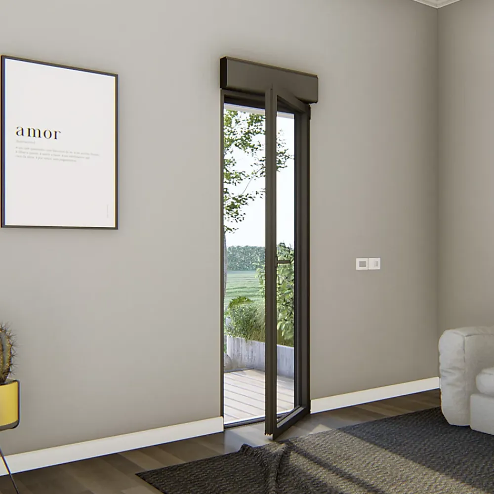 GoodHome Porte fenêtre alu 1 vantail + volet roulant électrique gris - l.80 x h.215 cm, tirant gauche- Porte-Fenêtre En Aluminium