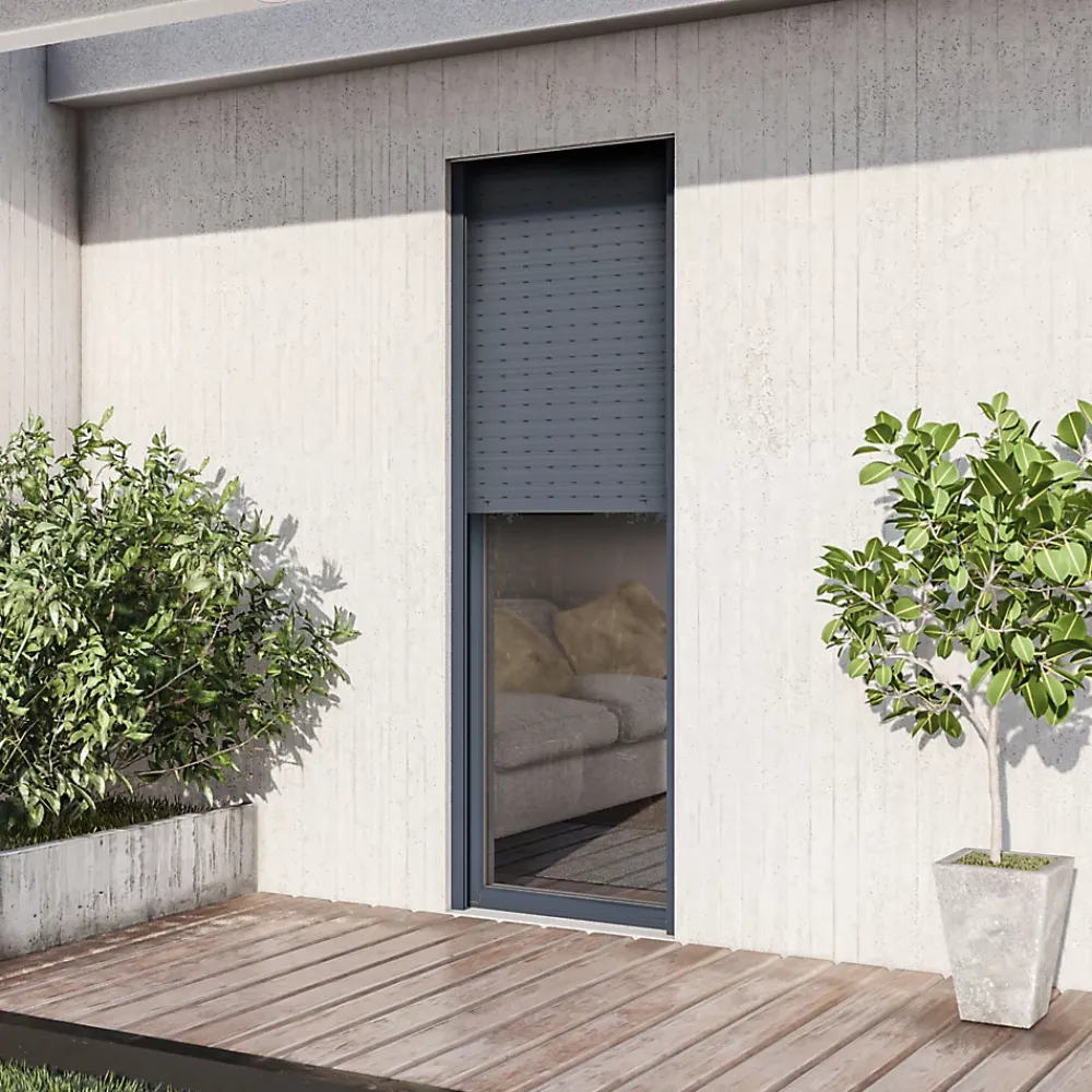 GoodHome Porte-Fenêtre En Aluminium<Porte fenêtre alu 1 vantail + volet roulant électrique gris - l.80 x h.215 cm, tirant droit