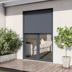 GoodHome Porte fenêtre alu 2 vantaux + volet roulant électrique gris - l.140 x h.215 cm, tirant droit- Porte-Fenêtre En Aluminium