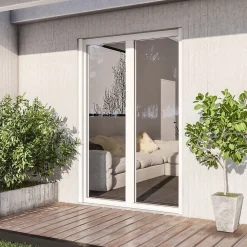 GoodHome Porte-Fenêtre En Aluminium<Porte fenêtre alu 2 vantaux + volet roulant électrique blanc - l.140 x h.215 cm, tirant droit