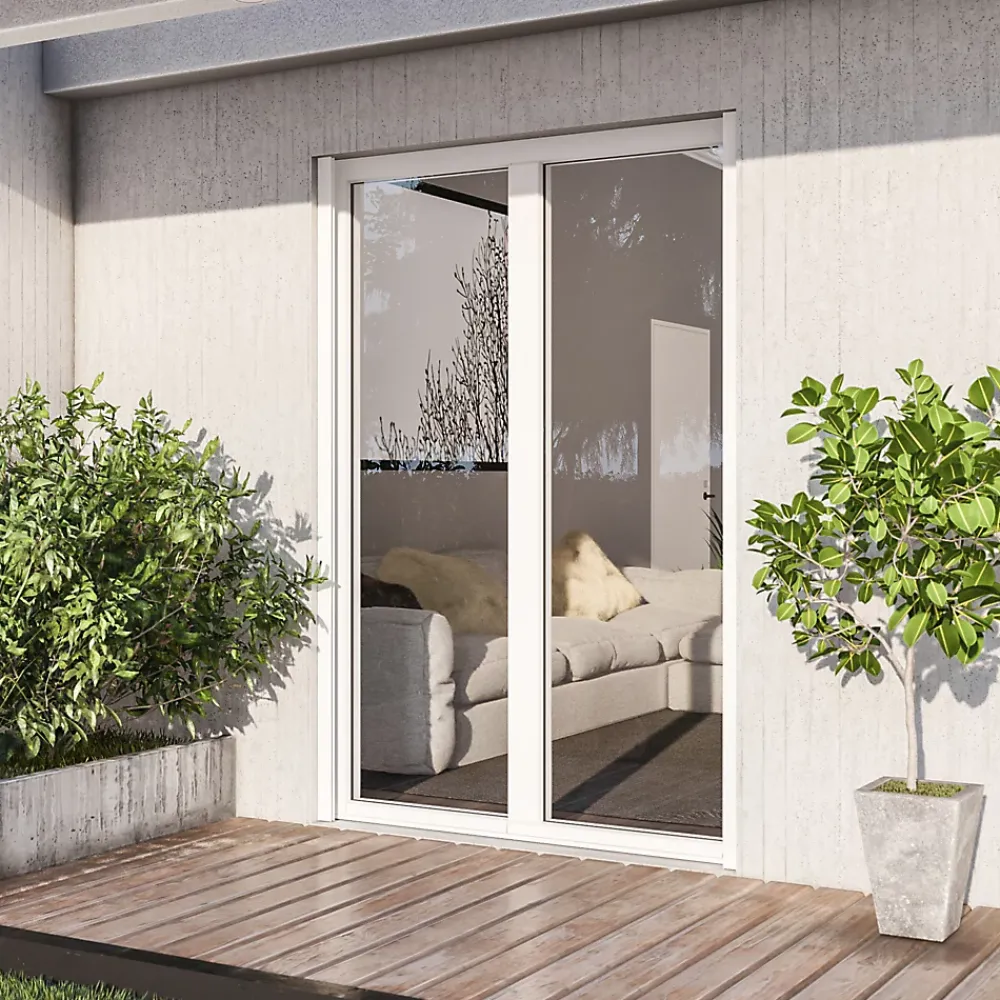 GoodHome Porte-Fenêtre En Aluminium<Porte fenêtre alu 2 vantaux + volet roulant électrique blanc - l.140 x h.215 cm, tirant droit