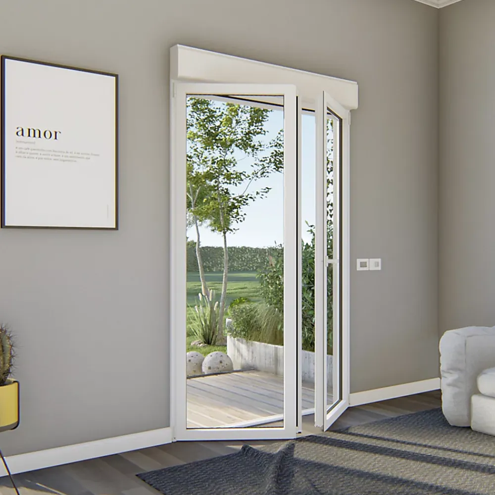 GoodHome Porte-Fenêtre En Aluminium<Porte fenêtre alu 2 vantaux + volet roulant électrique blanc - l.140 x h.215 cm, tirant droit
