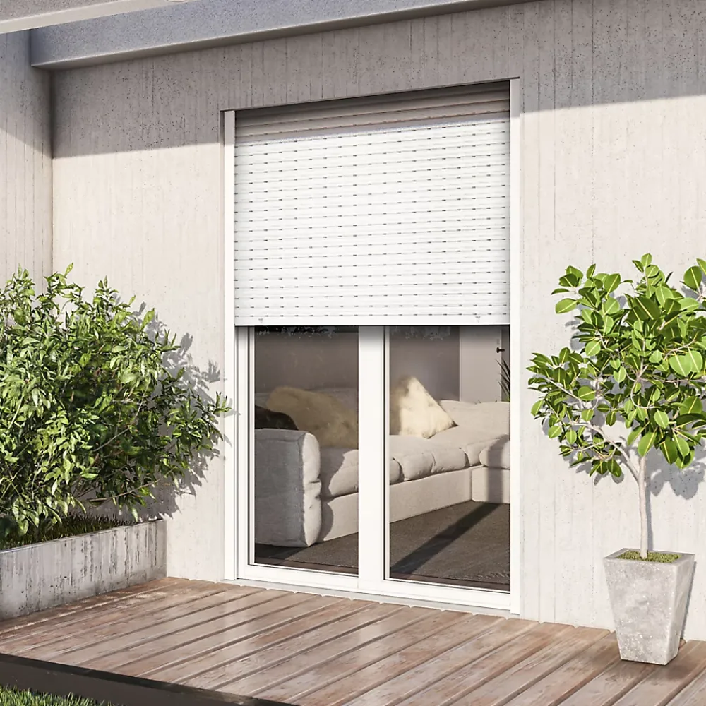 GoodHome Porte-Fenêtre En Aluminium<Porte fenêtre alu 2 vantaux + volet roulant électrique blanc - l.140 x h.215 cm, tirant droit
