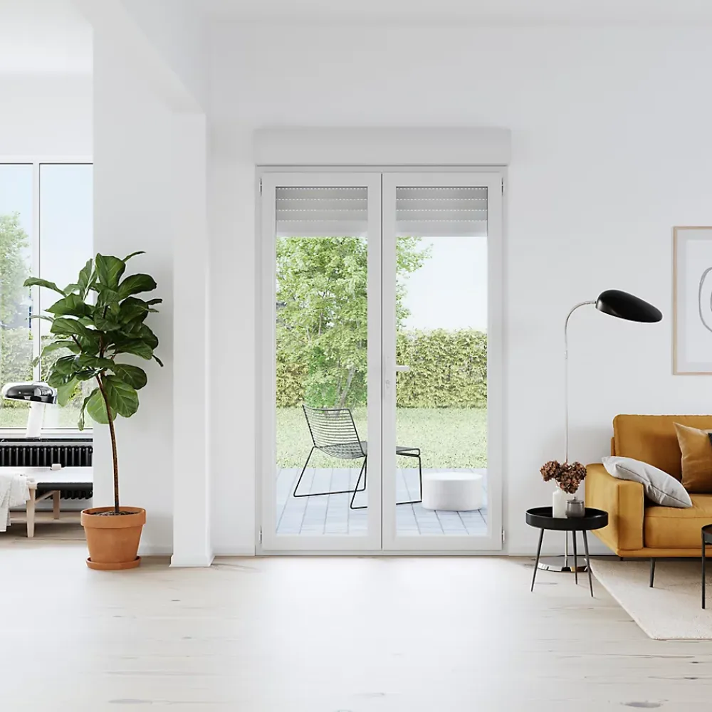 GoodHome Porte fenêtre PVC 2 vantaux tirant + volet roulant électrique blanc - l.120 x h.205 cm, tirant droit- Porte-Fenêtre En Pvc