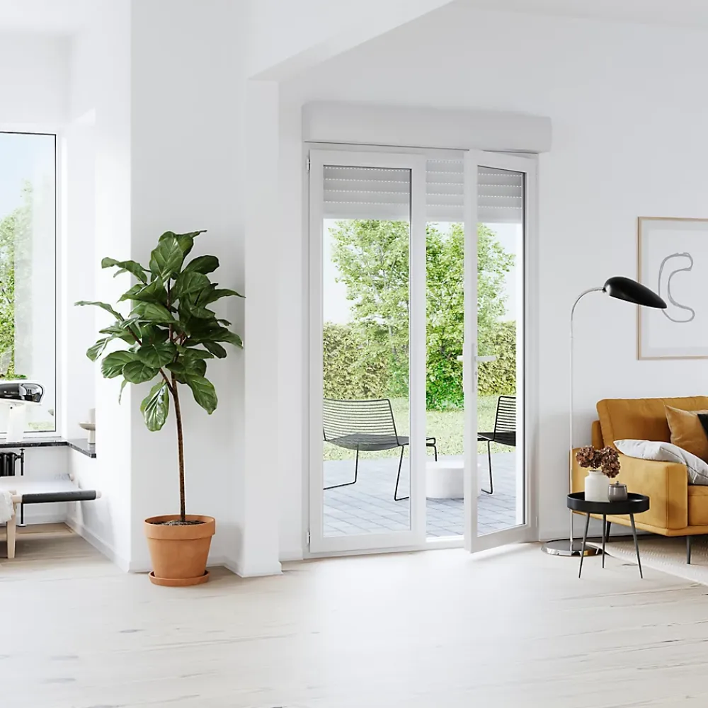 GoodHome Porte fenêtre PVC 2 vantaux tirant + volet roulant électrique blanc - l.120 x h.205 cm, tirant droit- Porte-Fenêtre En Pvc