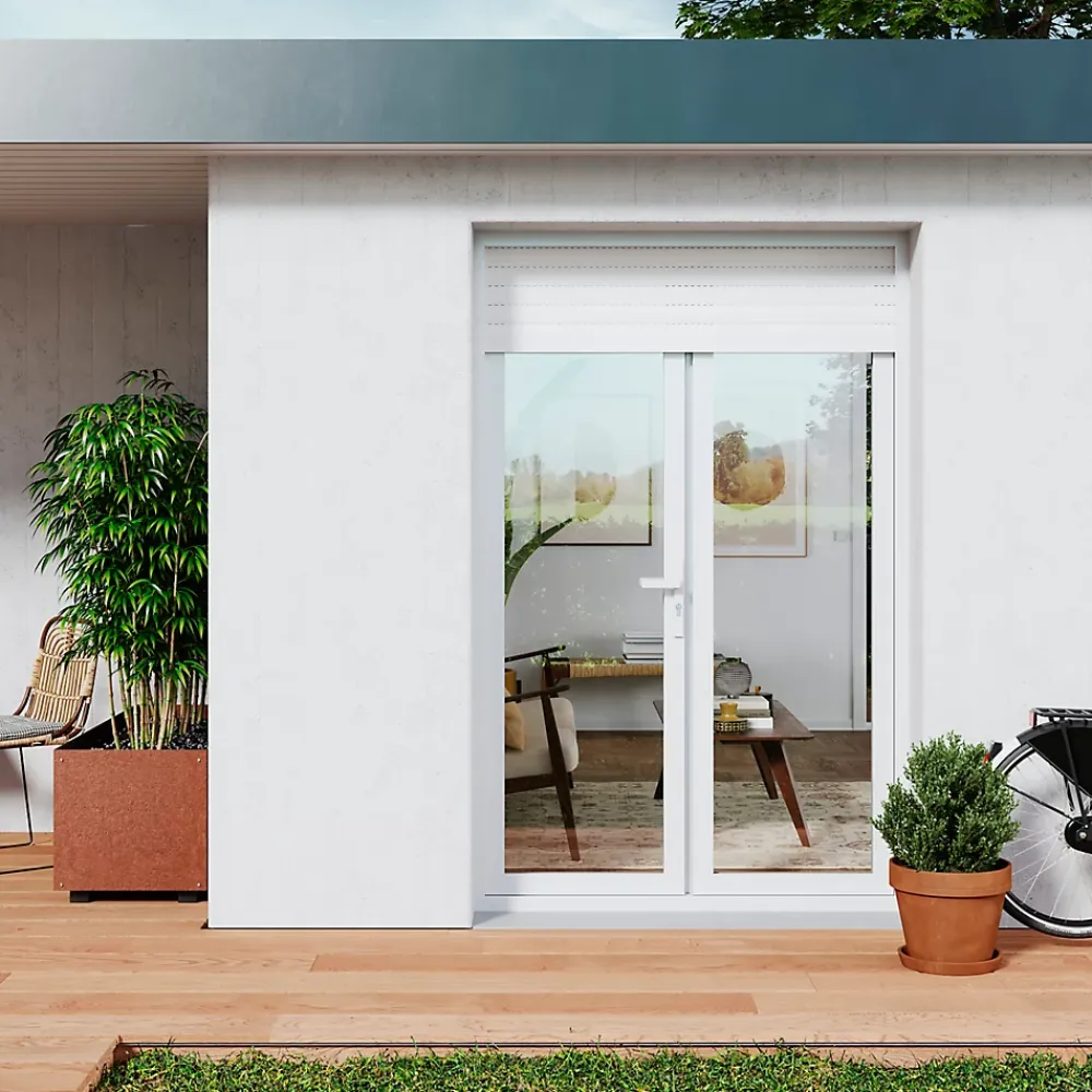 GoodHome Porte-Fenêtre En Pvc<Porte fenêtre PVC 2 vantaux tirant + volet roulant électrique blanc - l.140 x h.215 cm, tirant droit