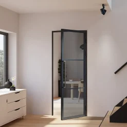 Schulte Bloc Porte<Porte intérieure loft en verre - bloc-porte - 83x211 - noir mat - verre fumé - 3 vitrages - tirant droit