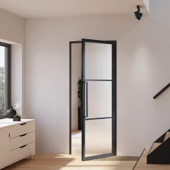 Schulte Porte Intérieure Loft En Verre - 83x197 - Atelier - Noir Mat - Satiné - 3 Vitrages - Tirant Droite- Bloc Porte