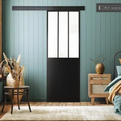 Porte Nue<Porte seule 3 carreaux vitrés opaques, coloris noir mat H.204 x l.83cm