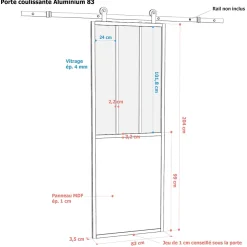 Porte Nue<Porte seule 3 carreaux vitrés opaques, coloris noir mat H.204 x l.83cm