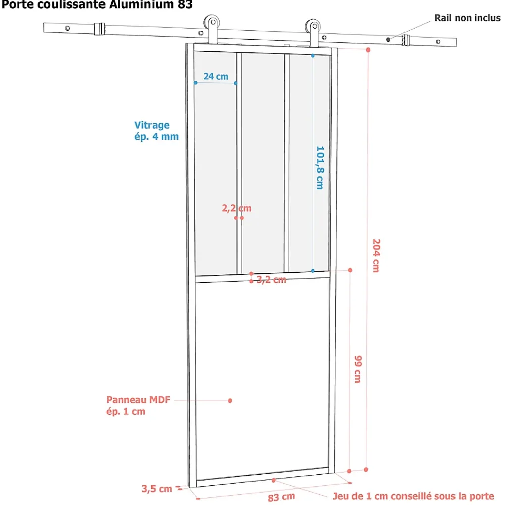 Porte seule 3 carreaux vitrés transparents, coloris blanc H.204 x l.83cm- Porte Nue