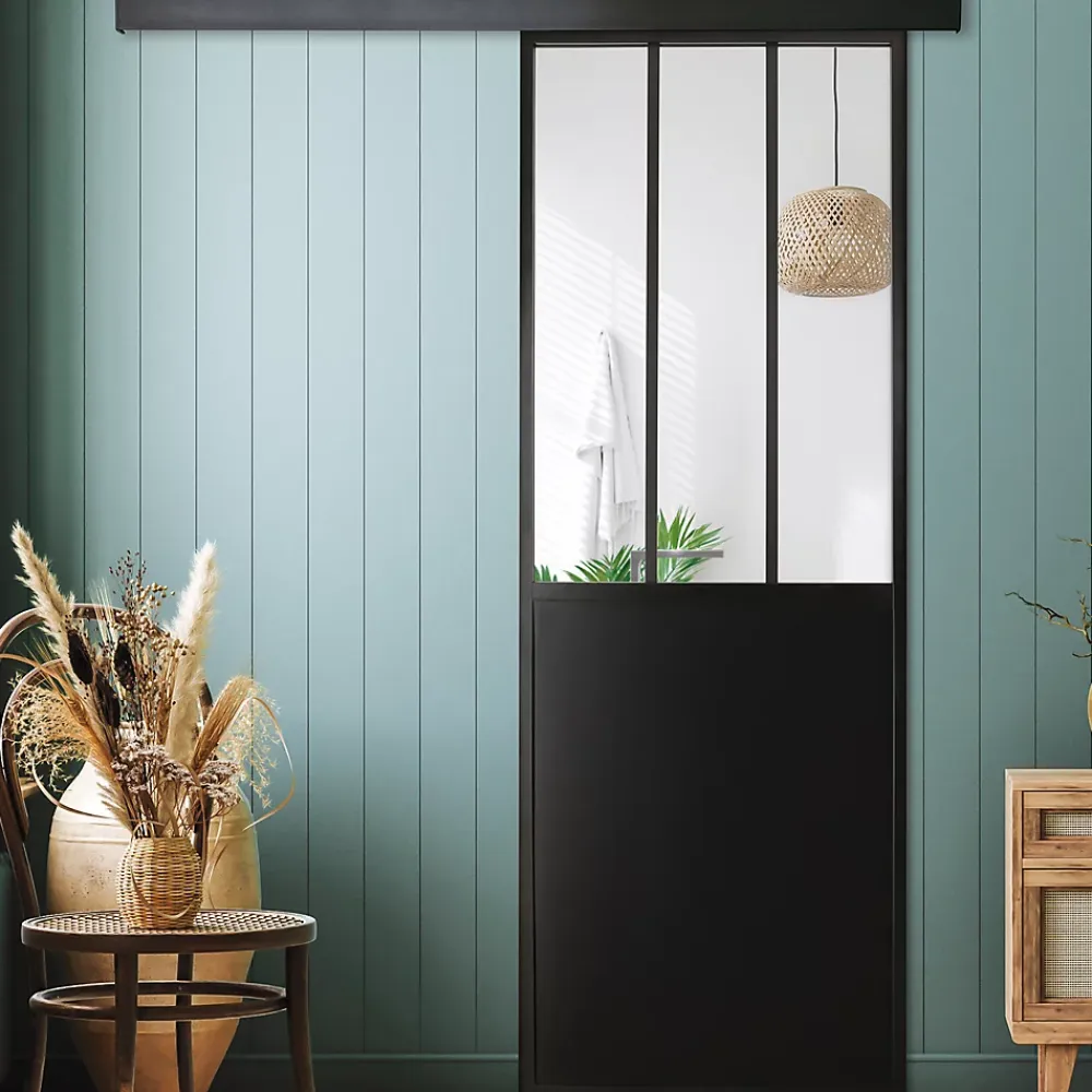 Porte seule en aluminium 3 carreaux vitrés transparents, coloris noir H.204 x l.73cm- Porte Nue