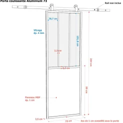 Porte seule en aluminium 3 carreaux vitrés transparents, coloris noir H.204 x l.73cm- Porte Nue