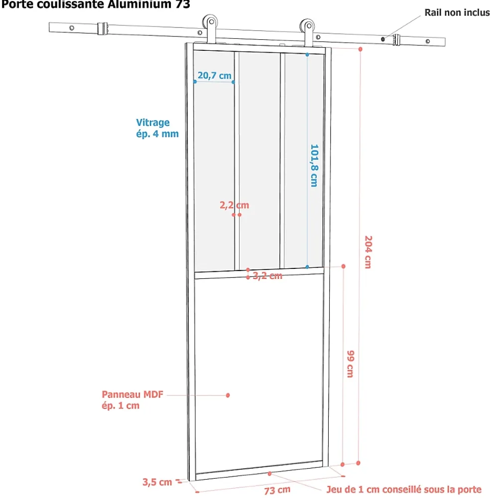 Porte seule en aluminium 3 carreaux vitrés transparents, coloris noir H.204 x l.73cm- Porte Nue