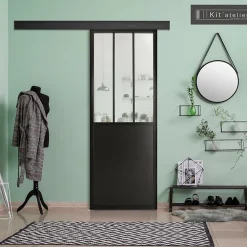 Porte seule en MDF, 3 carreaux vitrés transparents, coloris noir mat H.204 x l.83cm- Porte Nue