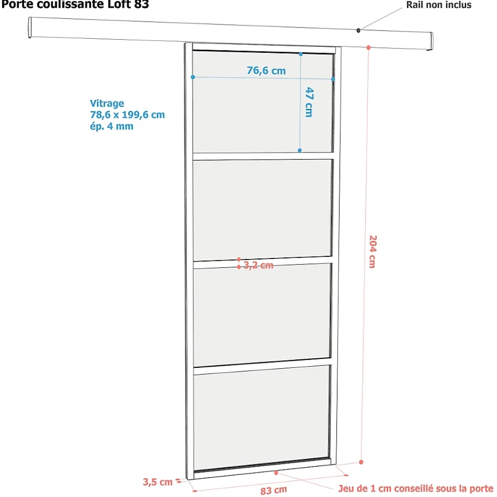 Porte Nue<Porte seule Loft 4 carreaux vitrés transparents, coloris noir mat H.204 x l.83cm