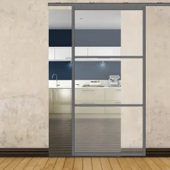 MySystem Porte simple coulissante droite H 2088 x L 1067 mm - 3 verres horizontaux - trempé 6 mm clair - gris- Porte Coulissante