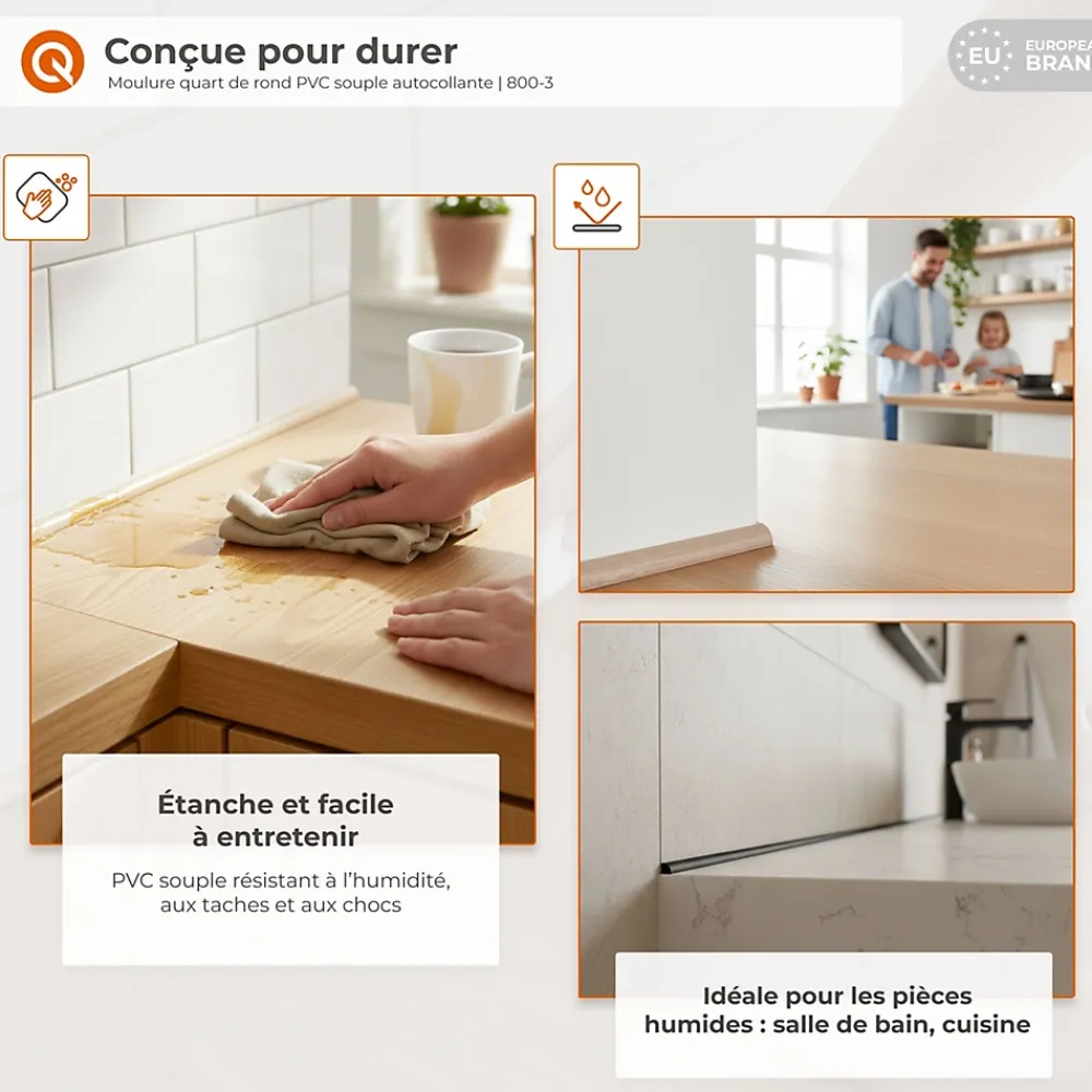 Quest Moulure Décorative Adhesive 10 mm, Quart de Rond PVC flexible - 3 mètres, blanc- Moulure