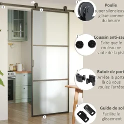 Homcom Rail porte coulissante 2 m avec quincaillerie - kit de rail pour porte coulissante 100Kg - acier au carbone noir- Porte Coulissante