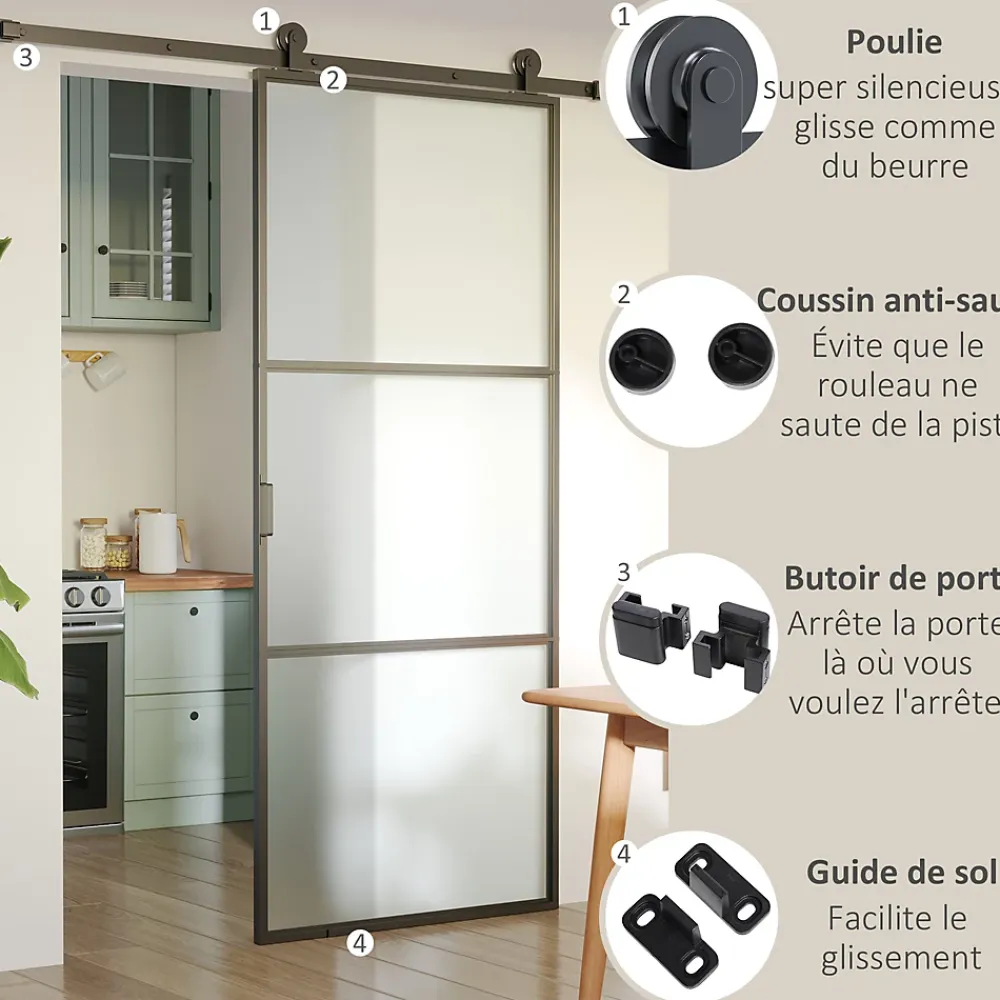 Homcom Rail porte coulissante 2 m avec quincaillerie - kit de rail pour porte coulissante 100Kg - acier au carbone noir- Porte Coulissante