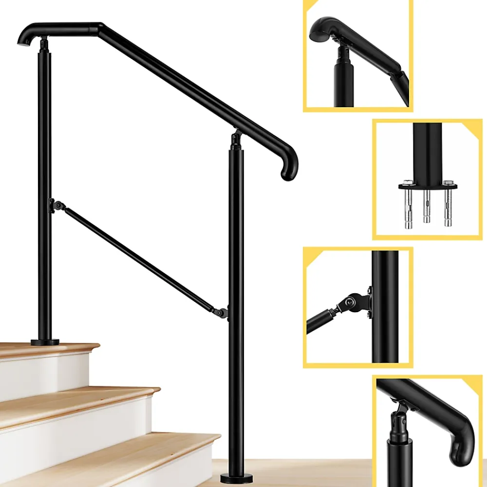 AICA Sanitaire Rampe d'escalier L.108cm - acier inox 201 - 2 à 3 Marches - Noir Garde Corps - Angle Reglable de 0-60 - Exterieur et Interieur- Accessoire D'Escalier