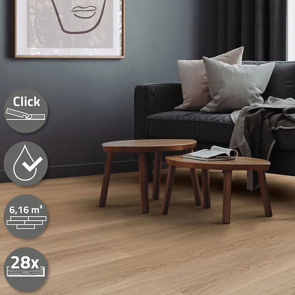 Ml-Design Dalle Et Lame Pvc<Revêtement de sol à clic PVC 6,16m²/28 planches 122x18cm marron aspect chêne golden hour