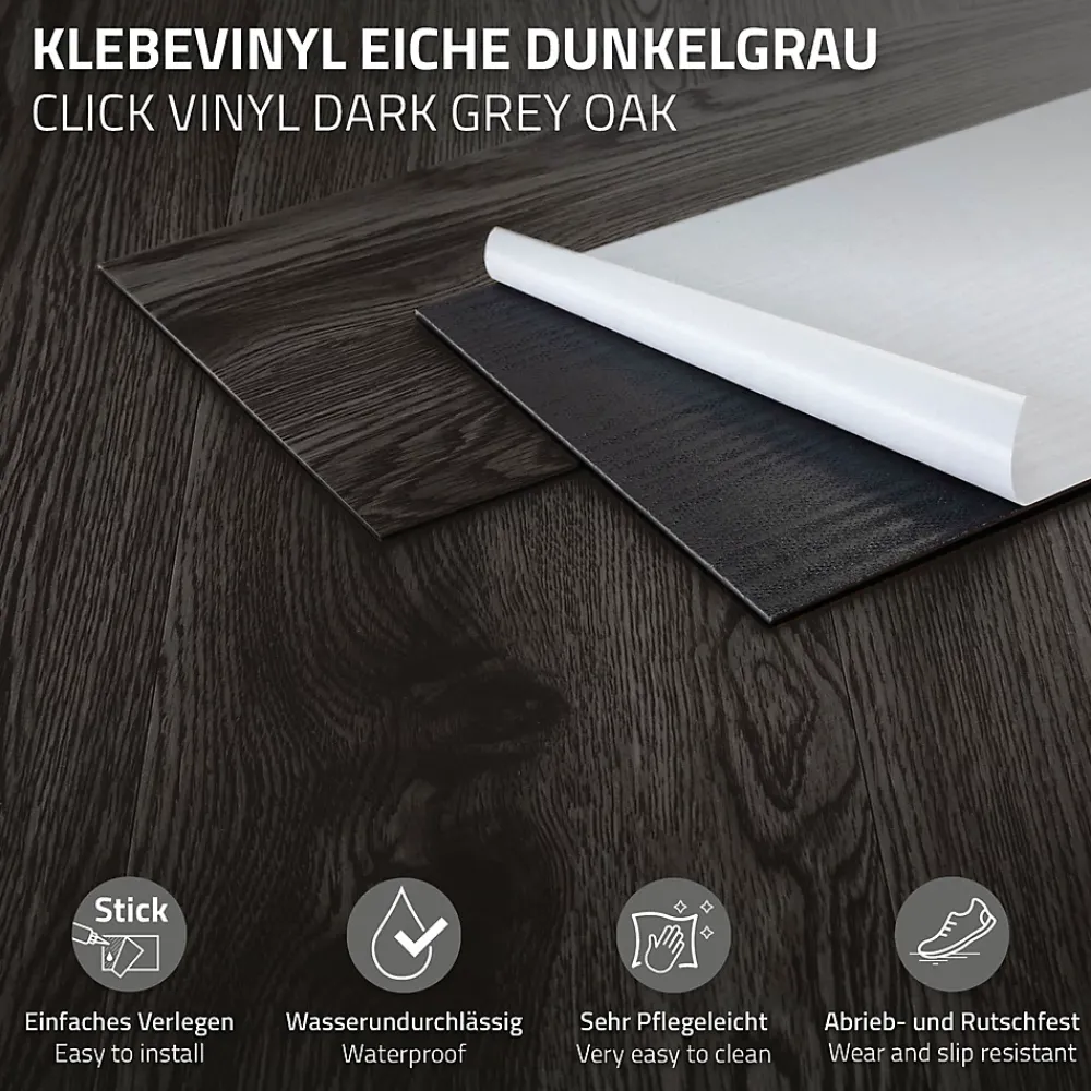 Ml-Design Revêtement de sol autocollant PVC 2,23m²/16 planches 91,5x15,3cm gris foncé aspect chêne- Dalle Et Lame Pvc