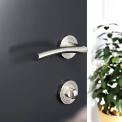 GoodHome Poignée De Porte<Rosace de fonction rond à visser à condamnation Duod essential effet nickel satin gris Ø50mm